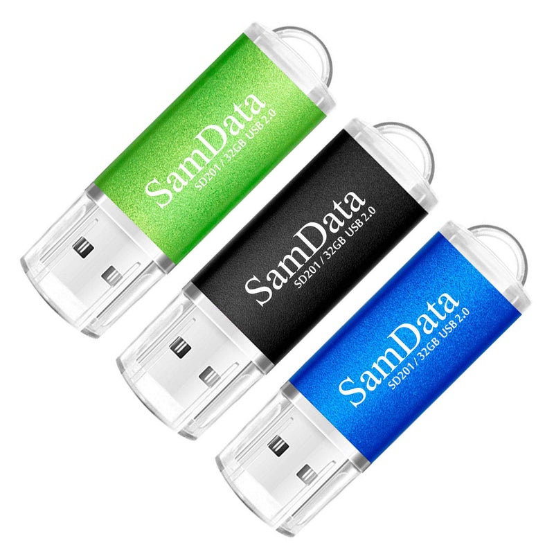 SamData 3 Pack 32GB USB Flash Drives USB 2.0 Thumb Drives Memory Stick Jump Drive Zip Drive, 3 Colors: Black Blue Green - Image 1
